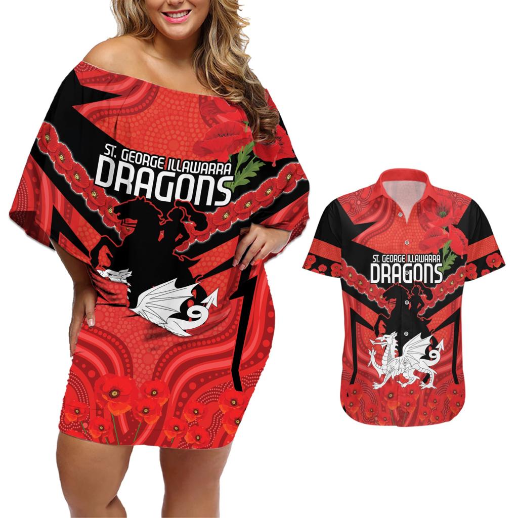 Custom Dragons Rugby ANZAC Couples Matching Off Shoulder Short Dress and Hawaiian Shirt Gallipoli Soldier With Aboriginal Art