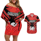 Custom Dragons Rugby ANZAC Couples Matching Off Shoulder Short Dress and Hawaiian Shirt Gallipoli Soldier With Aboriginal Art