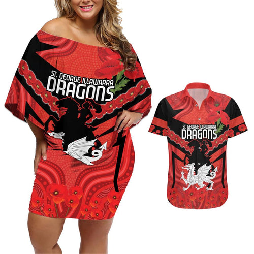 Custom Dragons Rugby ANZAC Couples Matching Off Shoulder Short Dress and Hawaiian Shirt Gallipoli Soldier With Aboriginal Art