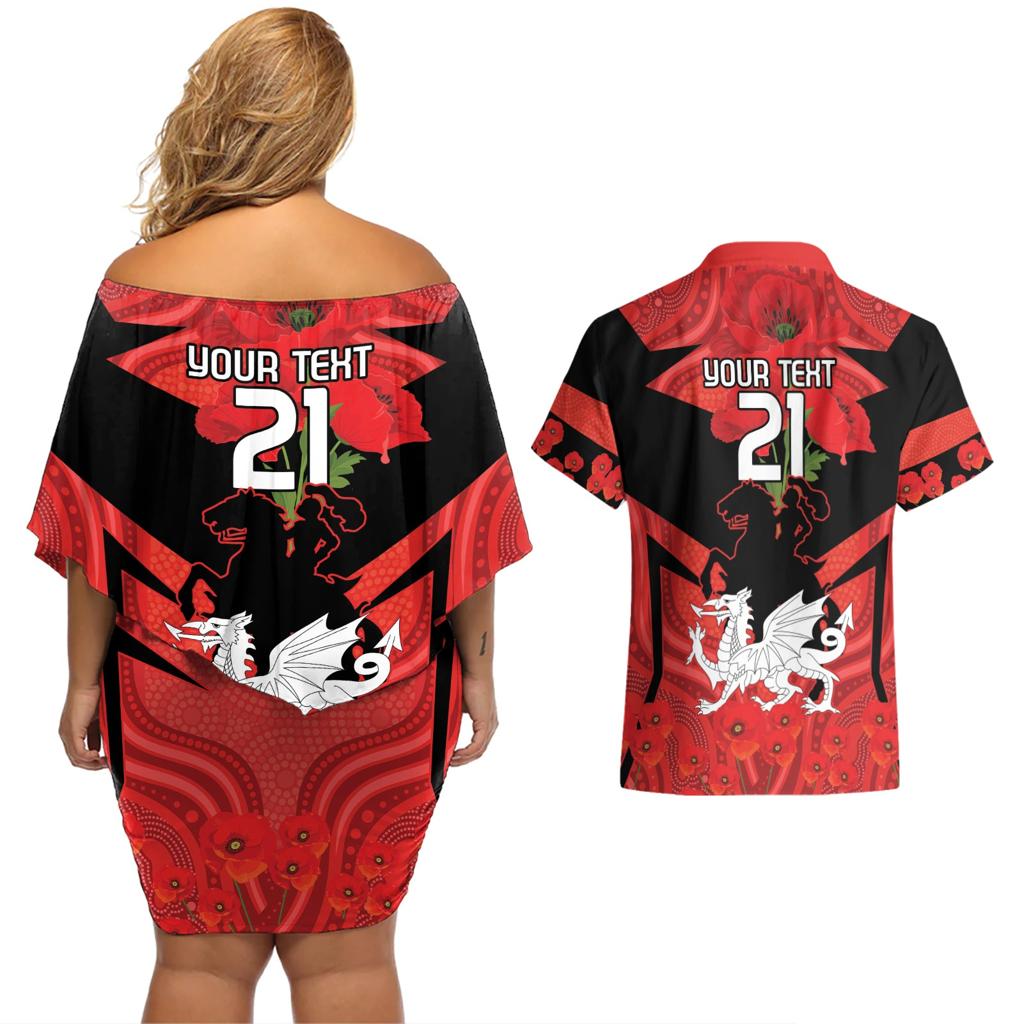 Custom Dragons Rugby ANZAC Couples Matching Off Shoulder Short Dress and Hawaiian Shirt Gallipoli Soldier With Aboriginal Art