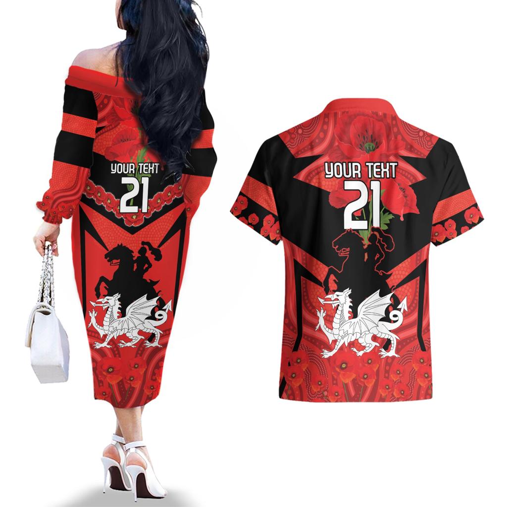 Custom Dragons Rugby ANZAC Couples Matching Off The Shoulder Long Sleeve Dress and Hawaiian Shirt Gallipoli Soldier With Aboriginal Art
