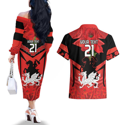 Custom Dragons Rugby ANZAC Couples Matching Off The Shoulder Long Sleeve Dress and Hawaiian Shirt Gallipoli Soldier With Aboriginal Art