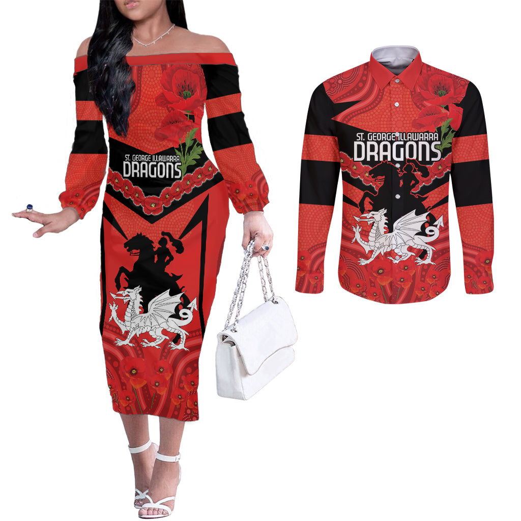 Custom Dragons Rugby ANZAC Couples Matching Off The Shoulder Long Sleeve Dress and Long Sleeve Button Shirt Gallipoli Soldier With Aboriginal Art