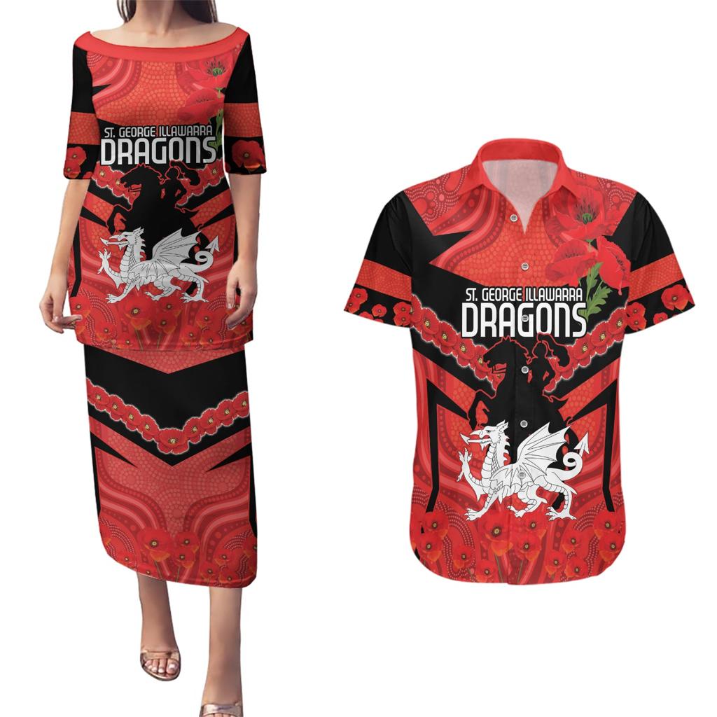 Custom Dragons Rugby ANZAC Couples Matching Puletasi and Hawaiian Shirt Gallipoli Soldier With Aboriginal Art