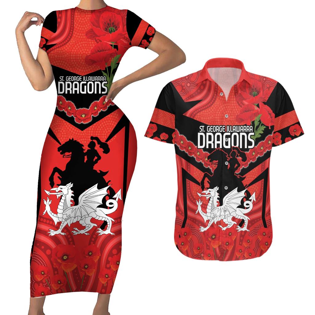 Custom Dragons Rugby ANZAC Couples Matching Short Sleeve Bodycon Dress and Hawaiian Shirt Gallipoli Soldier With Aboriginal Art