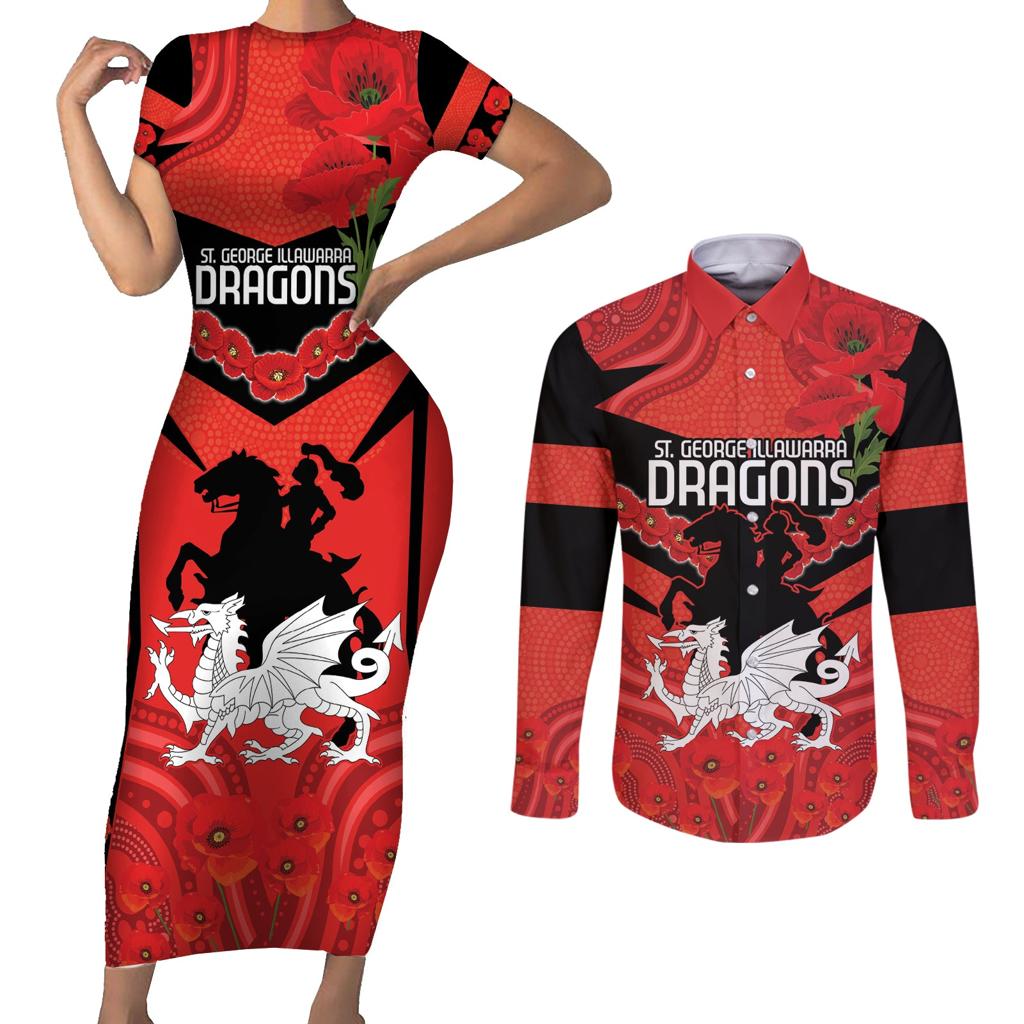 Custom Dragons Rugby ANZAC Couples Matching Short Sleeve Bodycon Dress and Long Sleeve Button Shirt Gallipoli Soldier With Aboriginal Art