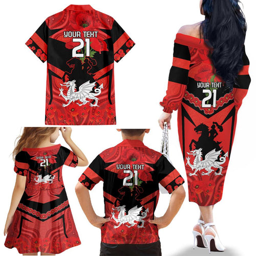 Custom Dragons Rugby ANZAC Family Matching Off The Shoulder Long Sleeve Dress and Hawaiian Shirt Gallipoli Soldier With Aboriginal Art