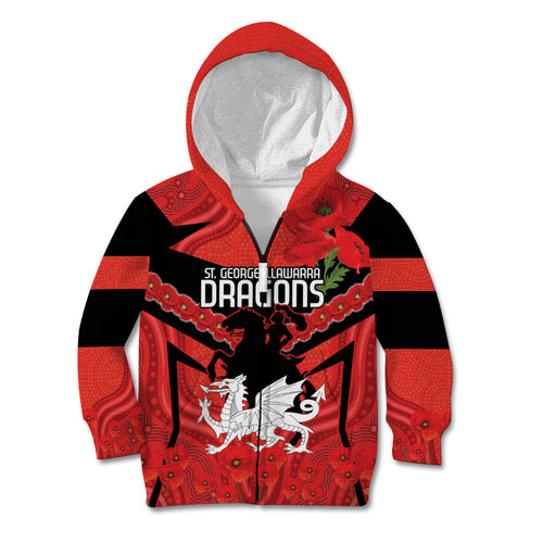 Custom Dragons Rugby ANZAC Kid Hoodie Gallipoli Soldier With Aboriginal Art