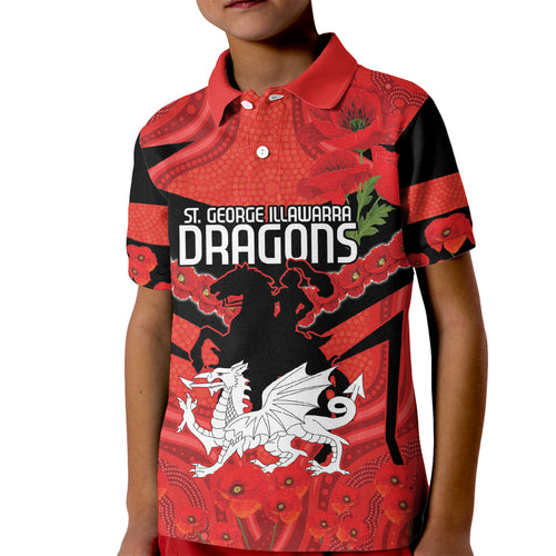 Custom Dragons Rugby ANZAC Kid Polo Shirt Gallipoli Soldier With Aboriginal Art