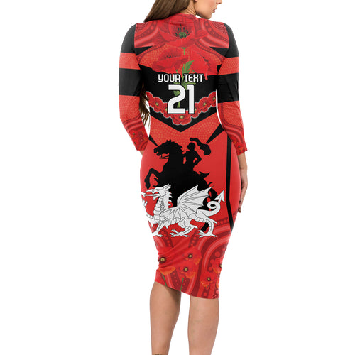 Custom Dragons Rugby ANZAC Long Sleeve Bodycon Dress Gallipoli Soldier With Aboriginal Art