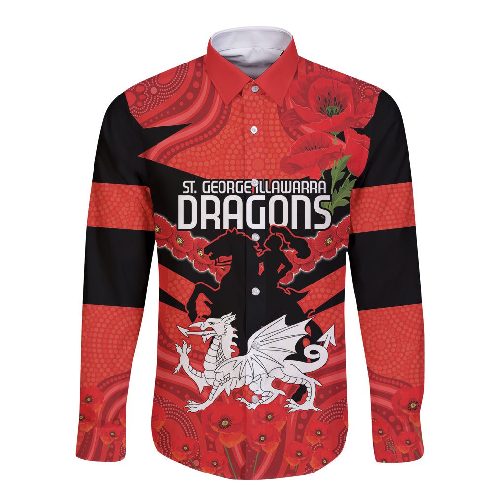 Custom Dragons Rugby ANZAC Long Sleeve Button Shirt Gallipoli Soldier With Aboriginal Art