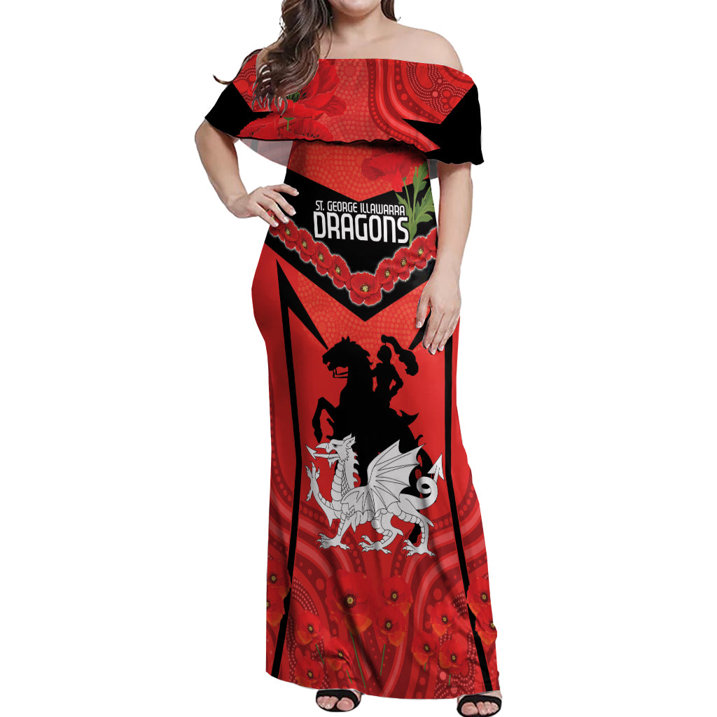 Custom Dragons Rugby ANZAC Off Shoulder Maxi Dress Gallipoli Soldier With Aboriginal Art