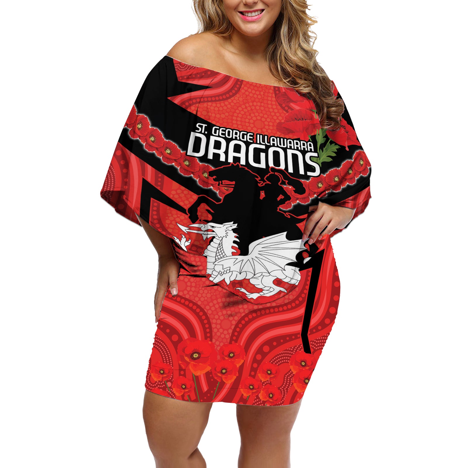 Custom Dragons Rugby ANZAC Off Shoulder Short Dress Gallipoli Soldier With Aboriginal Art