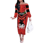 Custom Dragons Rugby ANZAC Off The Shoulder Long Sleeve Dress Gallipoli Soldier With Aboriginal Art
