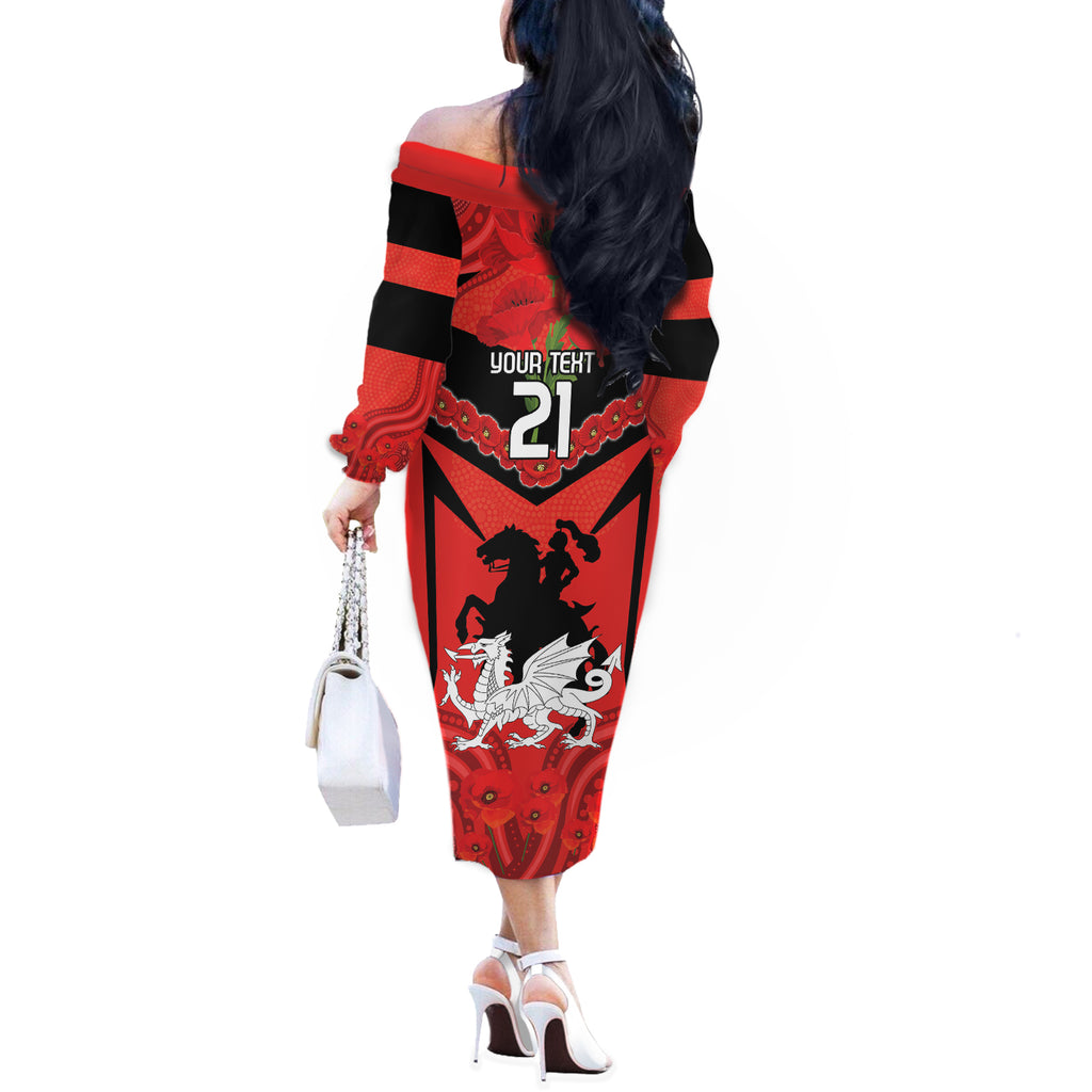 Custom Dragons Rugby ANZAC Off The Shoulder Long Sleeve Dress Gallipoli Soldier With Aboriginal Art