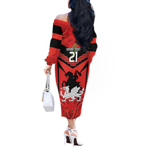 Custom Dragons Rugby ANZAC Off The Shoulder Long Sleeve Dress Gallipoli Soldier With Aboriginal Art