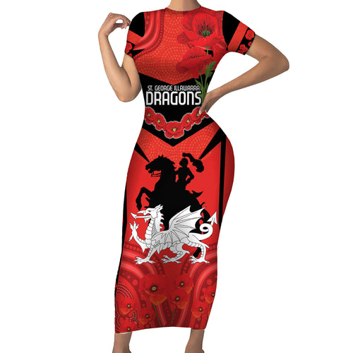 Custom Dragons Rugby ANZAC Short Sleeve Bodycon Dress Gallipoli Soldier With Aboriginal Art