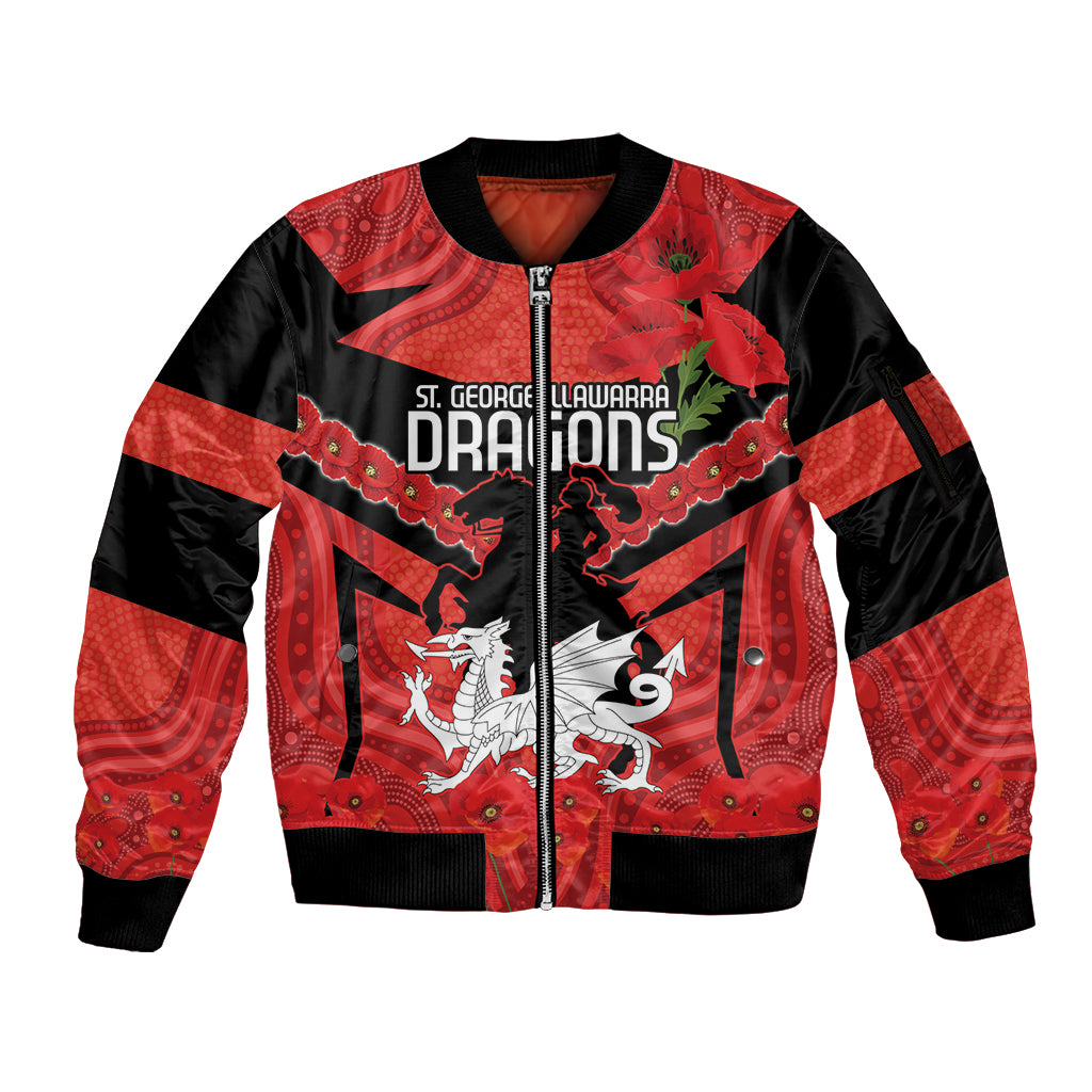 Custom Dragons Rugby ANZAC Sleeve Zip Bomber Jacket Gallipoli Soldier With Aboriginal Art