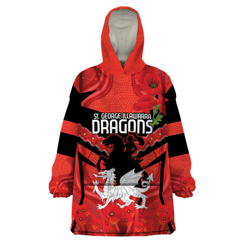 Custom Dragons Rugby ANZAC Wearable Blanket Hoodie Gallipoli Soldier With Aboriginal Art