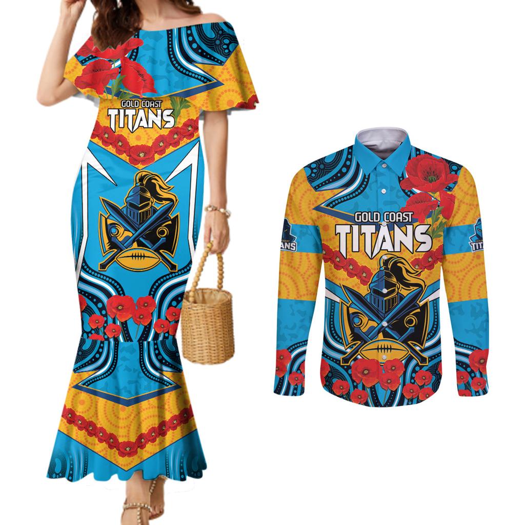 Custom GLD Titans Rugby ANZAC Couples Matching Mermaid Dress and Long Sleeve Button Shirt Gallipoli Soldier With Aboriginal Art