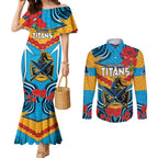 Custom GLD Titans Rugby ANZAC Couples Matching Mermaid Dress and Long Sleeve Button Shirt Gallipoli Soldier With Aboriginal Art