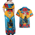 Custom GLD Titans Rugby ANZAC Couples Matching Off Shoulder Maxi Dress and Hawaiian Shirt Gallipoli Soldier With Aboriginal Art