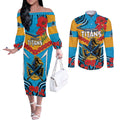 Custom GLD Titans Rugby ANZAC Couples Matching Off The Shoulder Long Sleeve Dress and Long Sleeve Button Shirt Gallipoli Soldier With Aboriginal Art