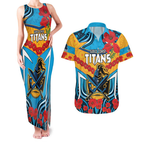 Custom GLD Titans Rugby ANZAC Couples Matching Tank Maxi Dress and Hawaiian Shirt Gallipoli Soldier With Aboriginal Art