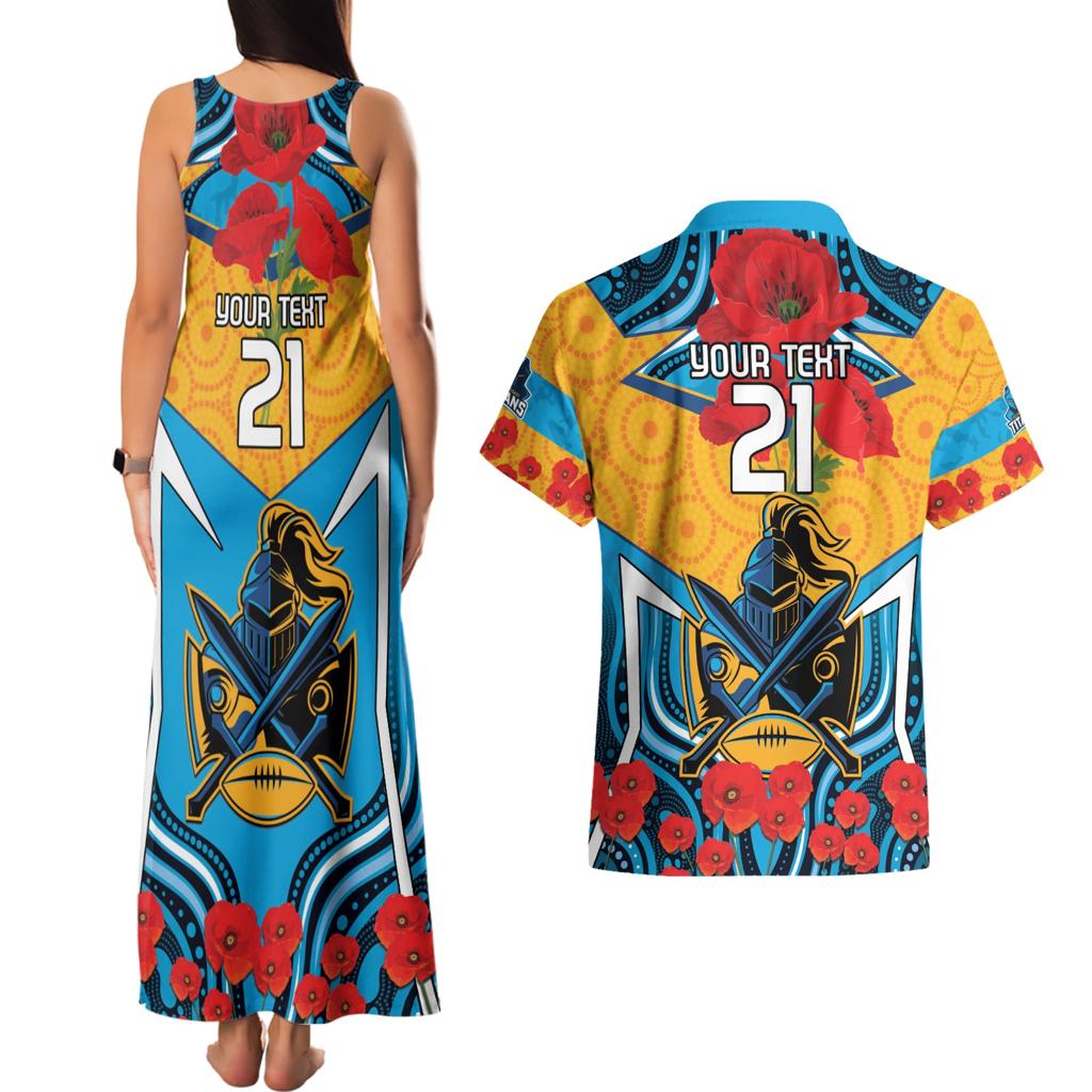 Custom GLD Titans Rugby ANZAC Couples Matching Tank Maxi Dress and Hawaiian Shirt Gallipoli Soldier With Aboriginal Art