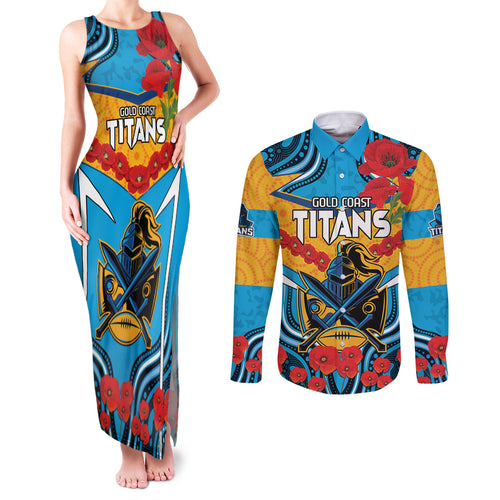 Custom GLD Titans Rugby ANZAC Couples Matching Tank Maxi Dress and Long Sleeve Button Shirt Gallipoli Soldier With Aboriginal Art