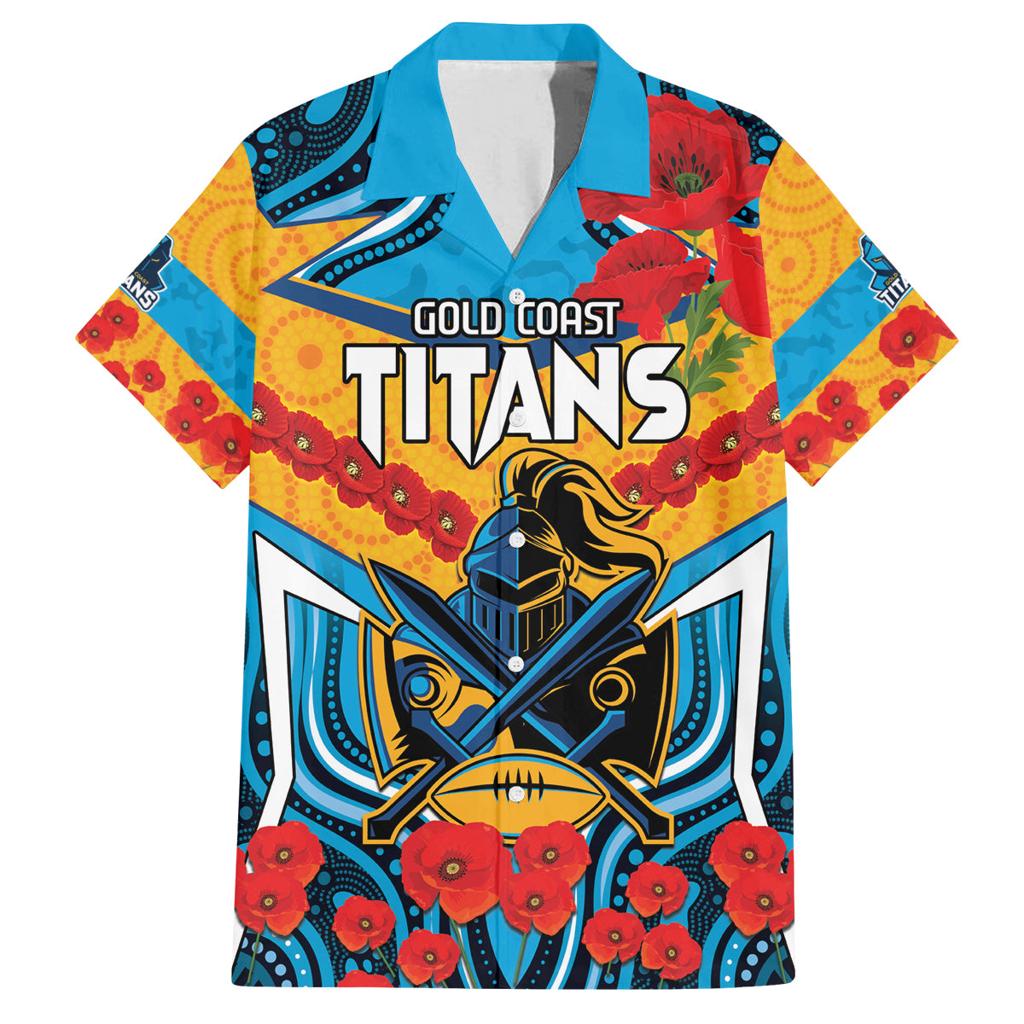 Custom GLD Titans Rugby ANZAC Family Matching Off Shoulder Short Dress and Hawaiian Shirt Gallipoli Soldier With Aboriginal Art