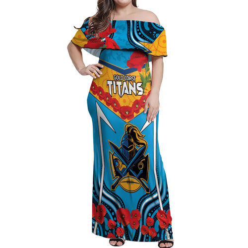 Custom GLD Titans Rugby ANZAC Off Shoulder Maxi Dress Gallipoli Soldier With Aboriginal Art
