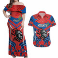 Custom Knights Rugby ANZAC Couples Matching Off Shoulder Maxi Dress and Hawaiian Shirt Novocastrians Gallipoli Soldier With Aboriginal Art