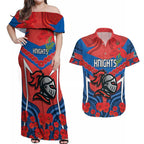 Custom Knights Rugby ANZAC Couples Matching Off Shoulder Maxi Dress and Hawaiian Shirt Novocastrians Gallipoli Soldier With Aboriginal Art