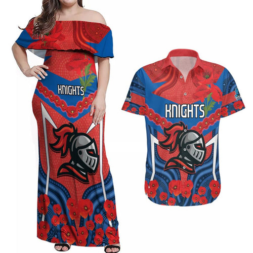 Custom Knights Rugby ANZAC Couples Matching Off Shoulder Maxi Dress and Hawaiian Shirt Novocastrians Gallipoli Soldier With Aboriginal Art