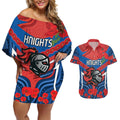 Custom Knights Rugby ANZAC Couples Matching Off Shoulder Short Dress and Hawaiian Shirt Novocastrians Gallipoli Soldier With Aboriginal Art