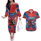 Custom Knights Rugby ANZAC Couples Matching Off The Shoulder Long Sleeve Dress and Hawaiian Shirt Novocastrians Gallipoli Soldier With Aboriginal Art