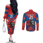 Custom Knights Rugby ANZAC Couples Matching Off The Shoulder Long Sleeve Dress and Long Sleeve Button Shirt Novocastrians Gallipoli Soldier With Aboriginal Art