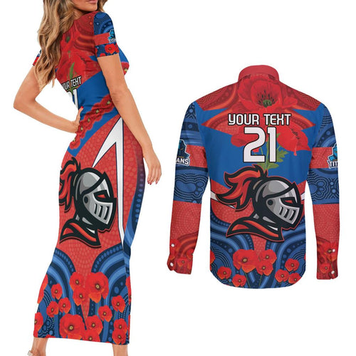 Custom Knights Rugby ANZAC Couples Matching Short Sleeve Bodycon Dress and Long Sleeve Button Shirt Novocastrians Gallipoli Soldier With Aboriginal Art