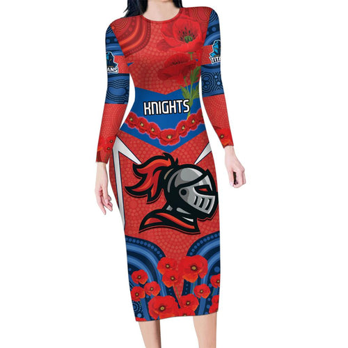 Custom Knights Rugby ANZAC Family Matching Long Sleeve Bodycon Dress and Hawaiian Shirt Novocastrians Gallipoli Soldier With Aboriginal Art
