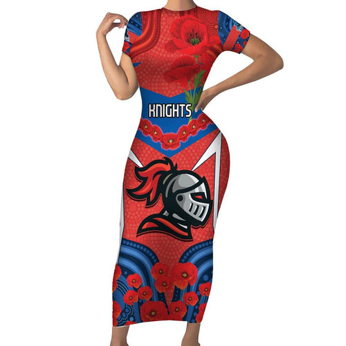 Custom Knights Rugby ANZAC Family Matching Short Sleeve Bodycon Dress and Hawaiian Shirt Novocastrians Gallipoli Soldier With Aboriginal Art