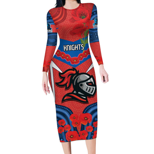 Custom Knights Rugby ANZAC Long Sleeve Bodycon Dress Novocastrians Gallipoli Soldier With Aboriginal Art