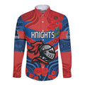 Custom Knights Rugby ANZAC Long Sleeve Button Shirt Novocastrians Gallipoli Soldier With Aboriginal Art