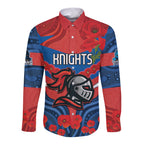 Custom Knights Rugby ANZAC Long Sleeve Button Shirt Novocastrians Gallipoli Soldier With Aboriginal Art