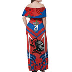 Custom Knights Rugby ANZAC Off Shoulder Maxi Dress Novocastrians Gallipoli Soldier With Aboriginal Art