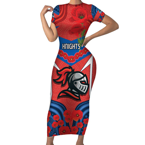 Custom Knights Rugby ANZAC Short Sleeve Bodycon Dress Novocastrians Gallipoli Soldier With Aboriginal Art