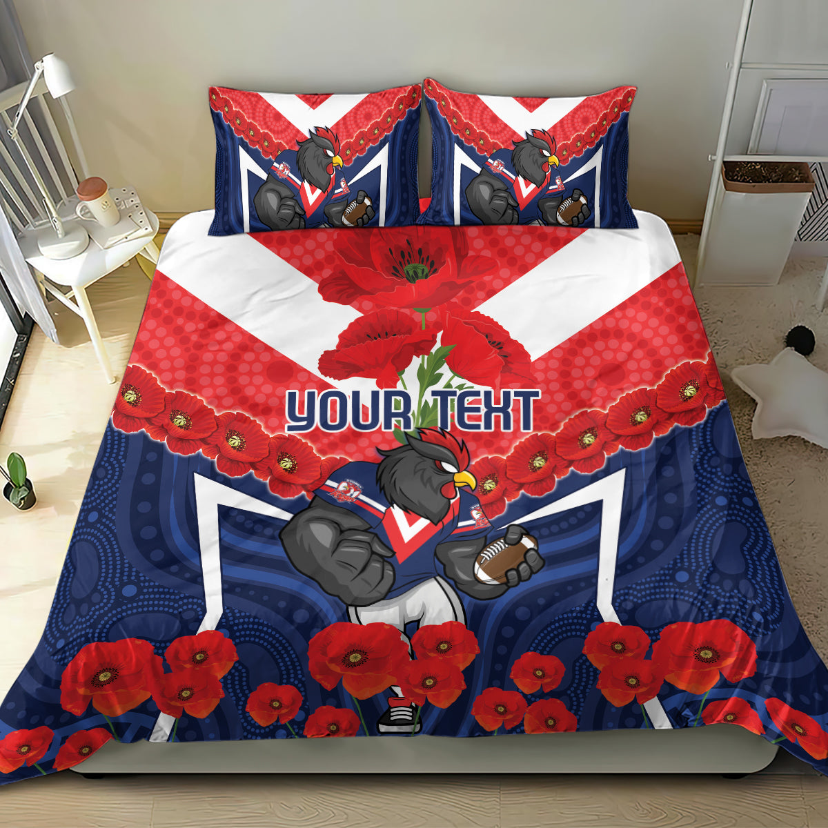 Custom Roosters Rugby ANZAC Bedding Set Sydney Gallipoli Soldier With Aboriginal Art