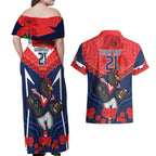 Custom Roosters Rugby ANZAC Couples Matching Off Shoulder Maxi Dress and Hawaiian Shirt Sydney Gallipoli Soldier With Aboriginal Art