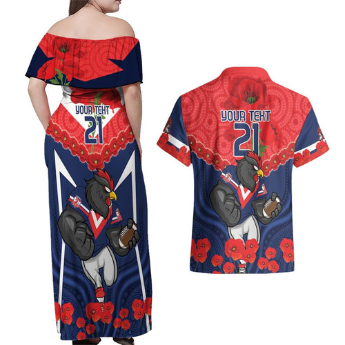 Custom Roosters Rugby ANZAC Couples Matching Off Shoulder Maxi Dress and Hawaiian Shirt Sydney Gallipoli Soldier With Aboriginal Art