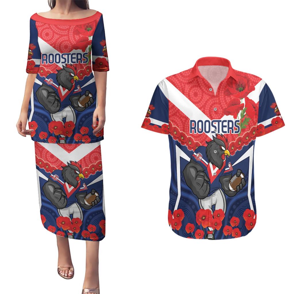 Custom Roosters Rugby ANZAC Couples Matching Puletasi and Hawaiian Shirt Sydney Gallipoli Soldier With Aboriginal Art
